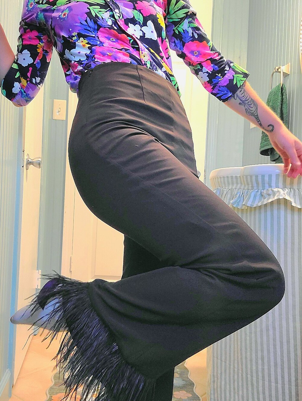 feather trimmed pants